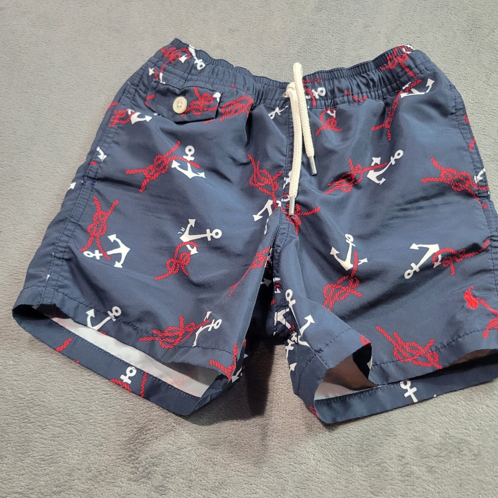 Polo Ralph Lauren Boys Navy Anchor Print Swim Trunks Mesh Lined‎ Shorts Size 6